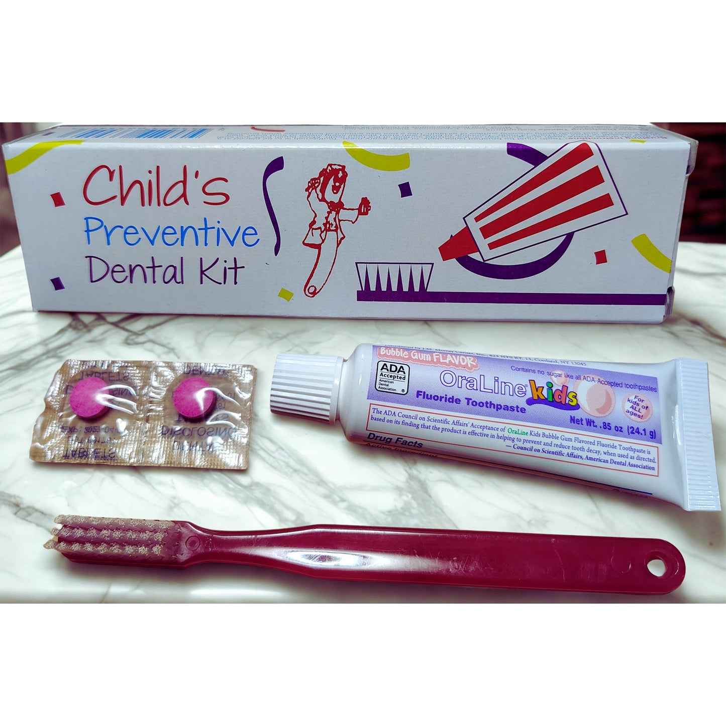 Oraline 000-48073 Child Preventative Dental Kit - Kids Oral Care Kit with Toothbrush, Bubblegum Toothpaste & Disclosing Tablets (/Case)