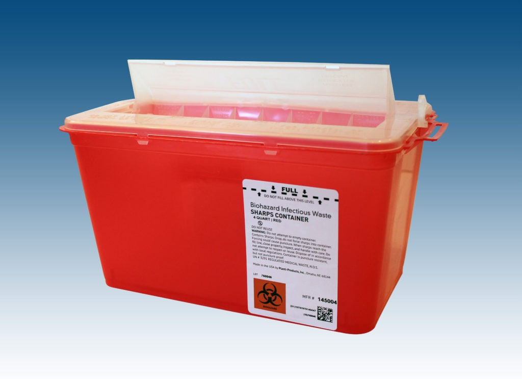 Plasti-Products 145004 Horizontal Entry Sharps Containers, (4 Qt. Container Red, 25/case)