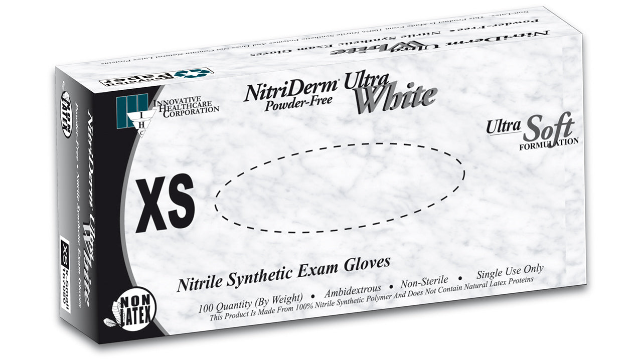 Innovative Healthcare 167050 Nitriderm Ultra White Nitrile Exam Gloves - Xs, 100 Gloves/Bx, 10 Bx/Cs