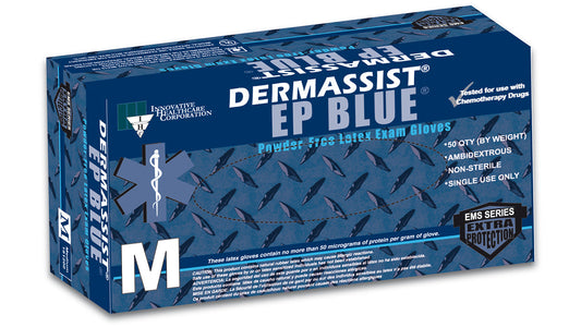 Innovative Healthcare 181350 Dermassist Ep Blue Latex Exam Gloves “ Extended Cuff - Xl, 50 Gloves/Bx, 10 Bx/Cs