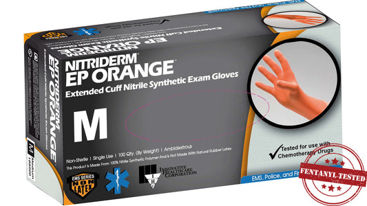 Innovative Healthcare 189300 Nitriderm Ep Orange Nitrile Exam Gloves “ Extended Cuff - L, 100 Gloves/Bx, 10 Bx/Cs