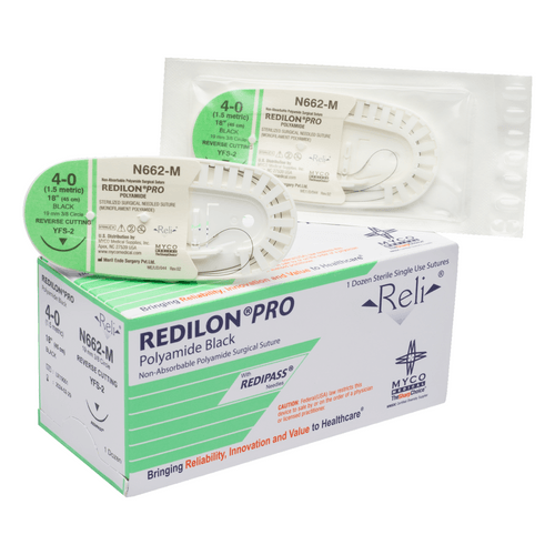 Myco Medical N667-M - REDILON® PRO Non-absorbable Monofilament, Nylon Synthetic Suture, Size 6-0, Length 18", 13 mm 3/8 Circle Reverse Cutting Needle - UOM 12/BX