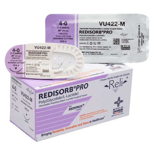 Myco Medical VU422-M - REDISORB® PRO Absorbable Coated, Braided, PGLA Synthetic Suture, Size 4-0, Length 30", 19 mm 3/8 Circle Reverse Cutting Needle (Undyed) - UOM 12/BX