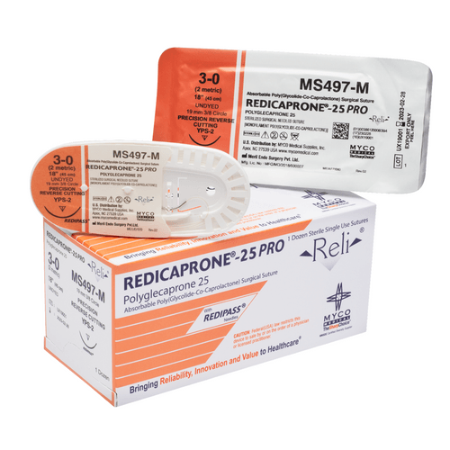 Myco Medical MS936-M - REDICAPRONE® 25 PRO Absorbable Monofilament, PGCL Synthetic Suture, Size 3-0, Length 30", 24 mm 3/8 Circle Precision Reverse Cutting Needle (Undyed) - UOM 12/BX