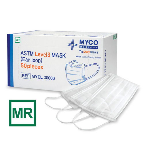 Myco Medical MYEL 30000 MR Safe ASTM Level 3 Ear Loop Procedure Mask - UOM 1500EA/CS