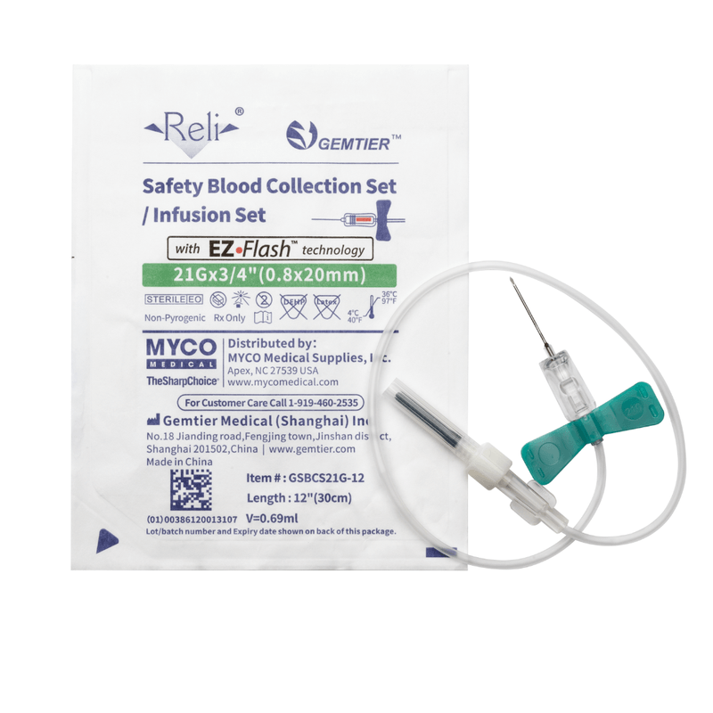 Myco Medical GSBCS21G-12 - RELI® SAFETY BLOOD COLLECTION SETS with EZ-Flash„¢ Technology, 21G x ¾� Needle, 12� Tubing - UOM 100/BX