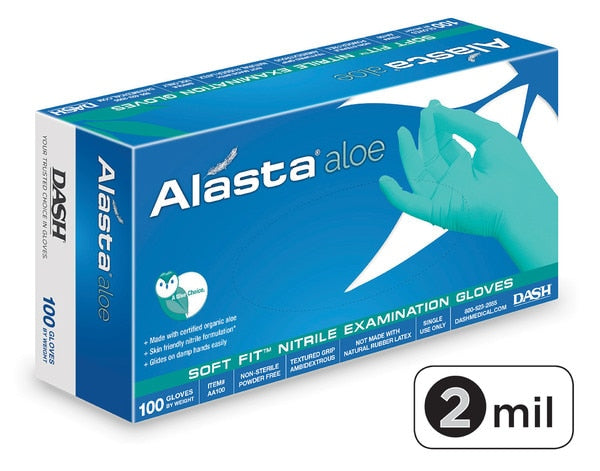 Dash Medical AA100 Alasta® with Aloe Nitrile Exam Gloves (Case) Palm: 2.4 Mil | Finger: 3.9 Mil, 100/Box, 10 Boxes/Case