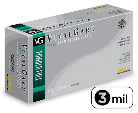 Dash Medical VV100 VitalGard® Vinyl PF Exam Gloves (Case) Palm: 3.1 Mil | Finger: 3.9 Mil, 100/Box, 10 Boxes/Case