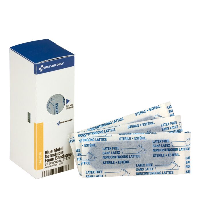 First Aid Only FAE-3110 SC Refill 1"x3" Blue Metal Detectable Foam Bandages, 25/box